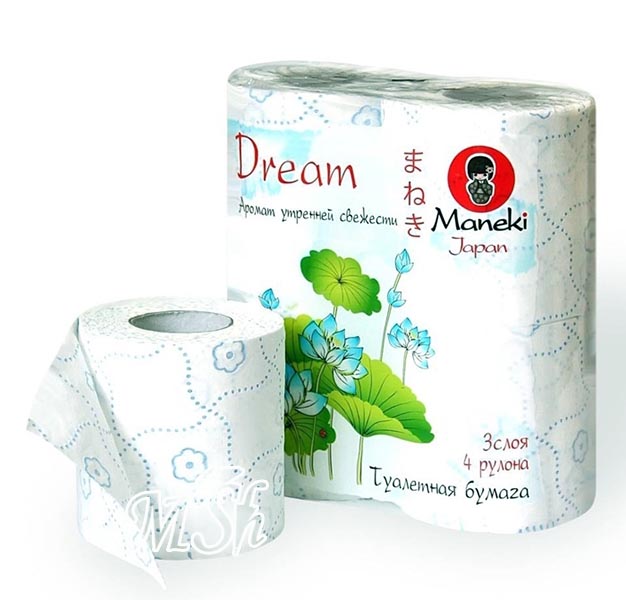 MANEKI "Dream": Бумага туалетная, трехслойная, с ароматом утренней свежести и тиснением, 4шт/уп