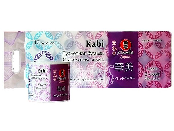 MANEKI "Kabi": Бумага туалетная, трехслойная, в индивидуальной упаковке, с ароматом ириса, 10шт/уп